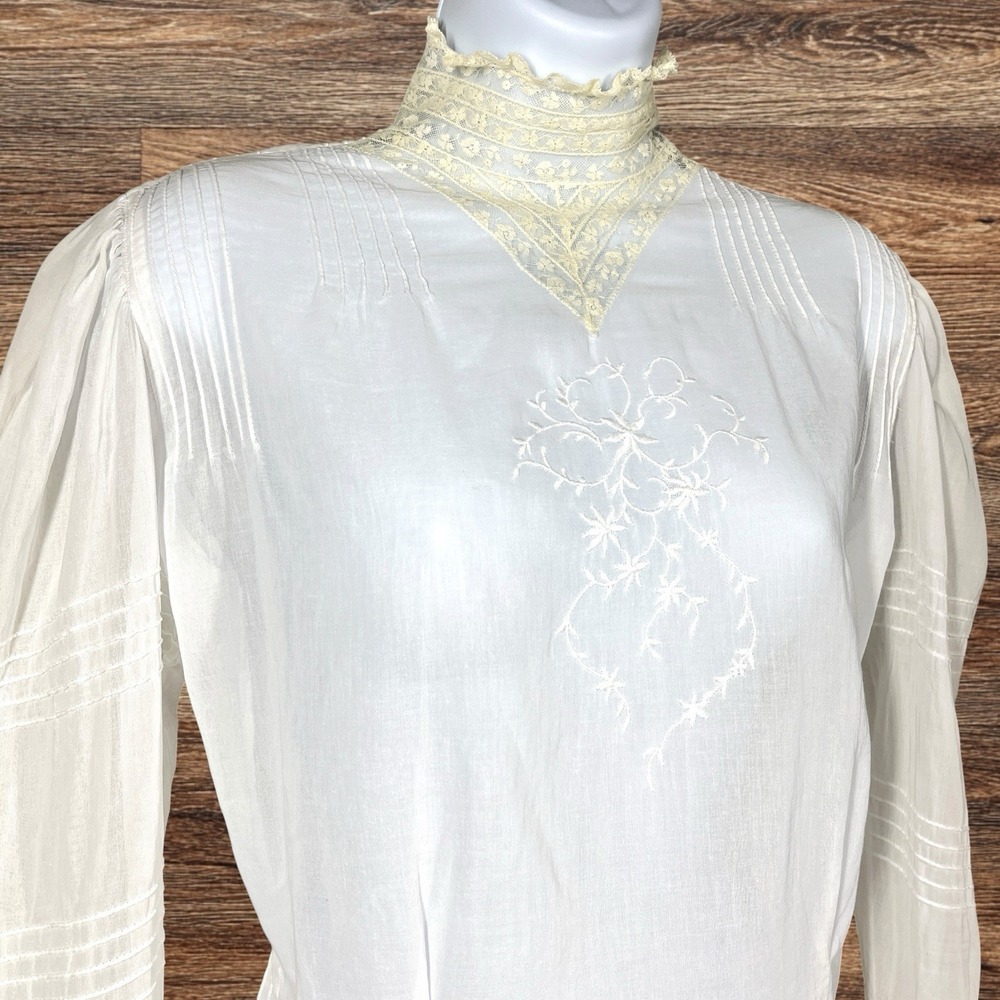 Ralph Lauren Edwardian Lace High Neck Vintage Blouse Size 12 100% Cotton Sheer